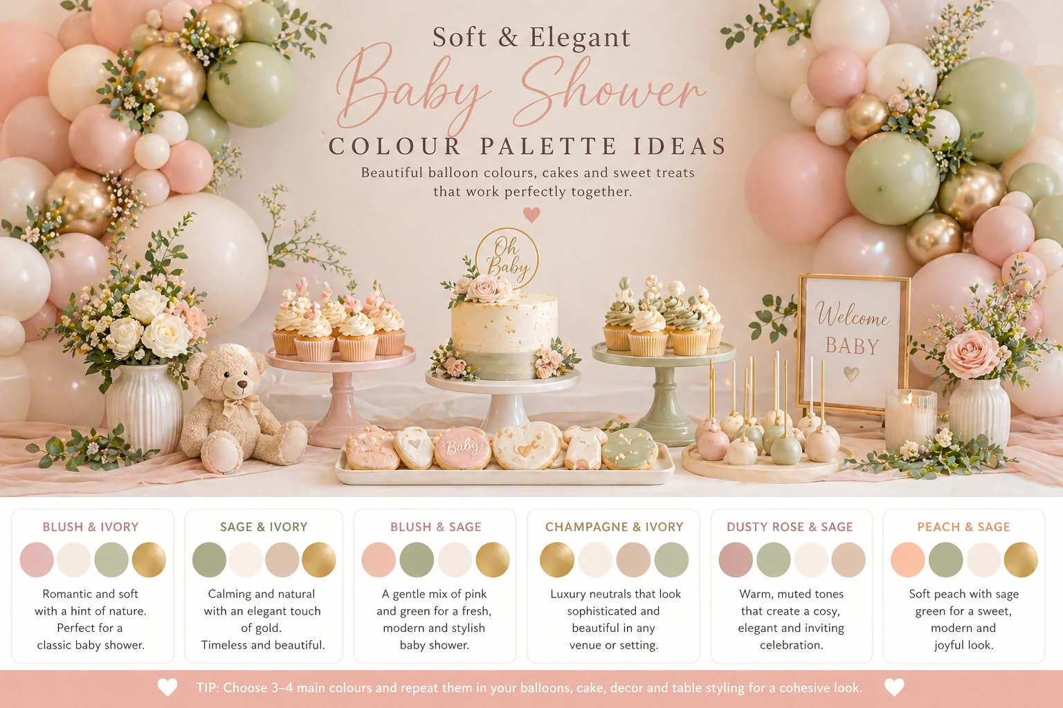 Balloon colour palette display showing blush and ivory, sage and cream, pink and gold, green and orange, pastel rainbow, white and gold, blue and grey, and neutral mocha combinations.