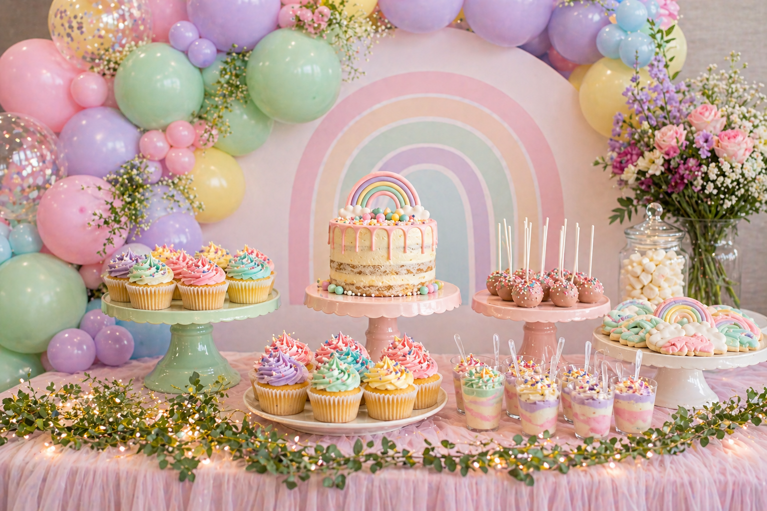 Pastel children's party dessert table with balloon garland, rainbow cake, cupcakes on cake stands, cake pops and sweet treats