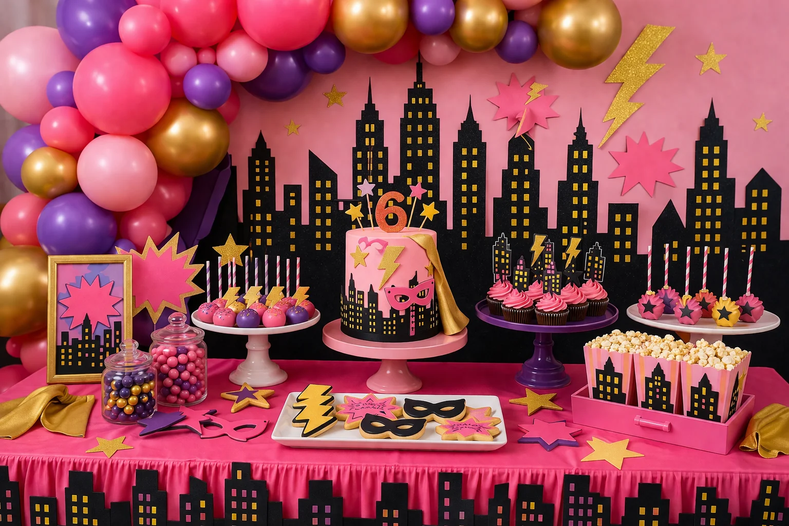 Pink, purple and gold superhero dessert table with balloon garland, city skyline backdrop, superhero cake, mask cupcakes, star cookies, cake pops and gold star decorations