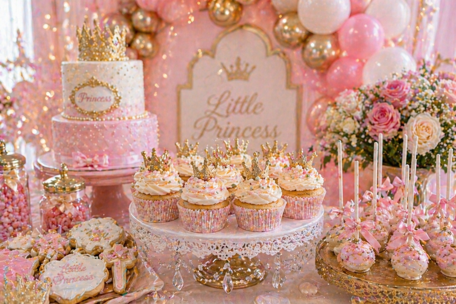 Princess party cupcakes with gold crown toppers, pink and ivory buttercream, cake pops, cookies, balloons and soft florals