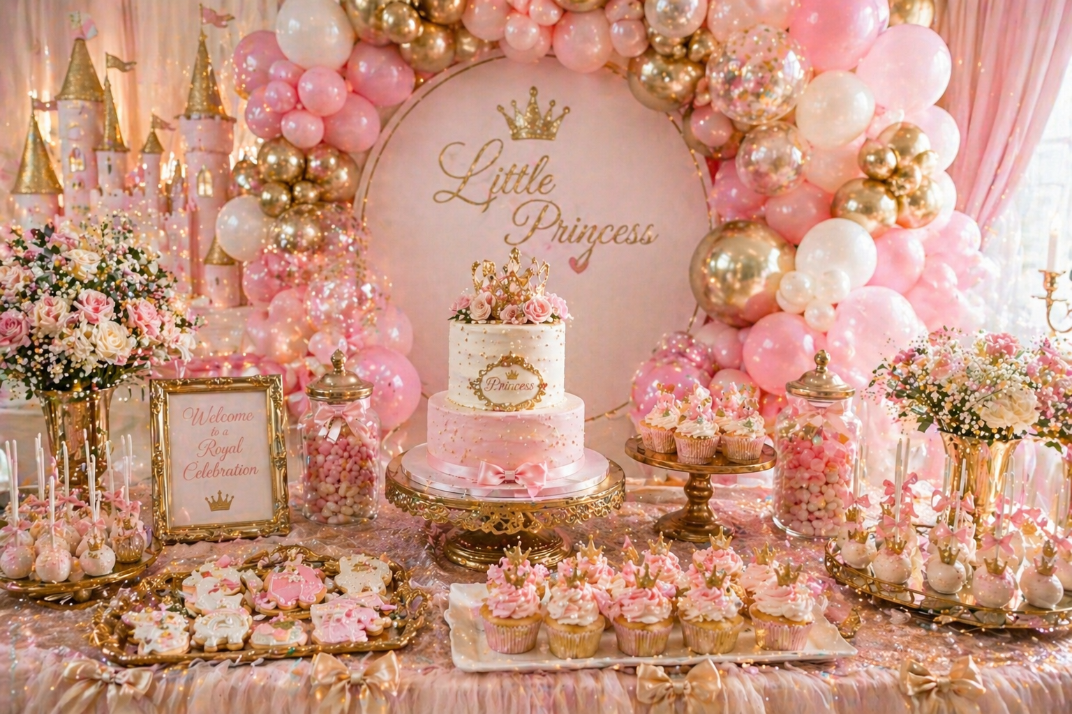 Princess party dessert table with pink, ivory and gold balloon garland, crown cake, cupcakes, cake pops, soft florals and castle backdrop