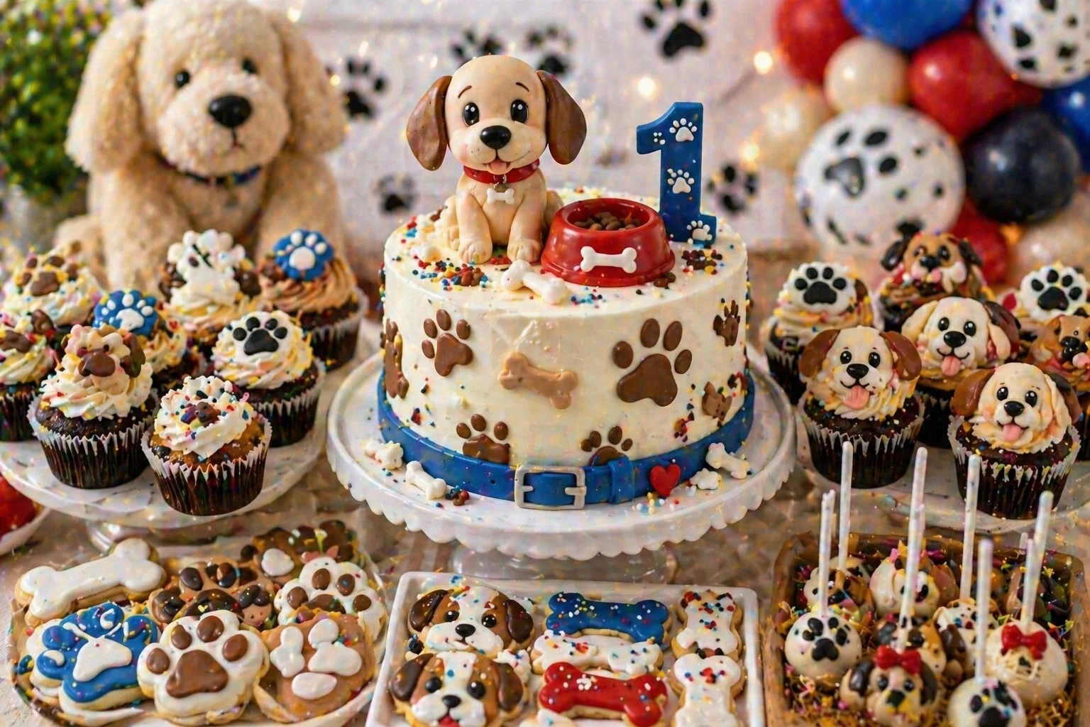 Close-up puppy party cake and cupcake display with puppy cake topper, paw-print cupcakes, dog bone cookies, puppy face cupcakes and colourful birthday styling