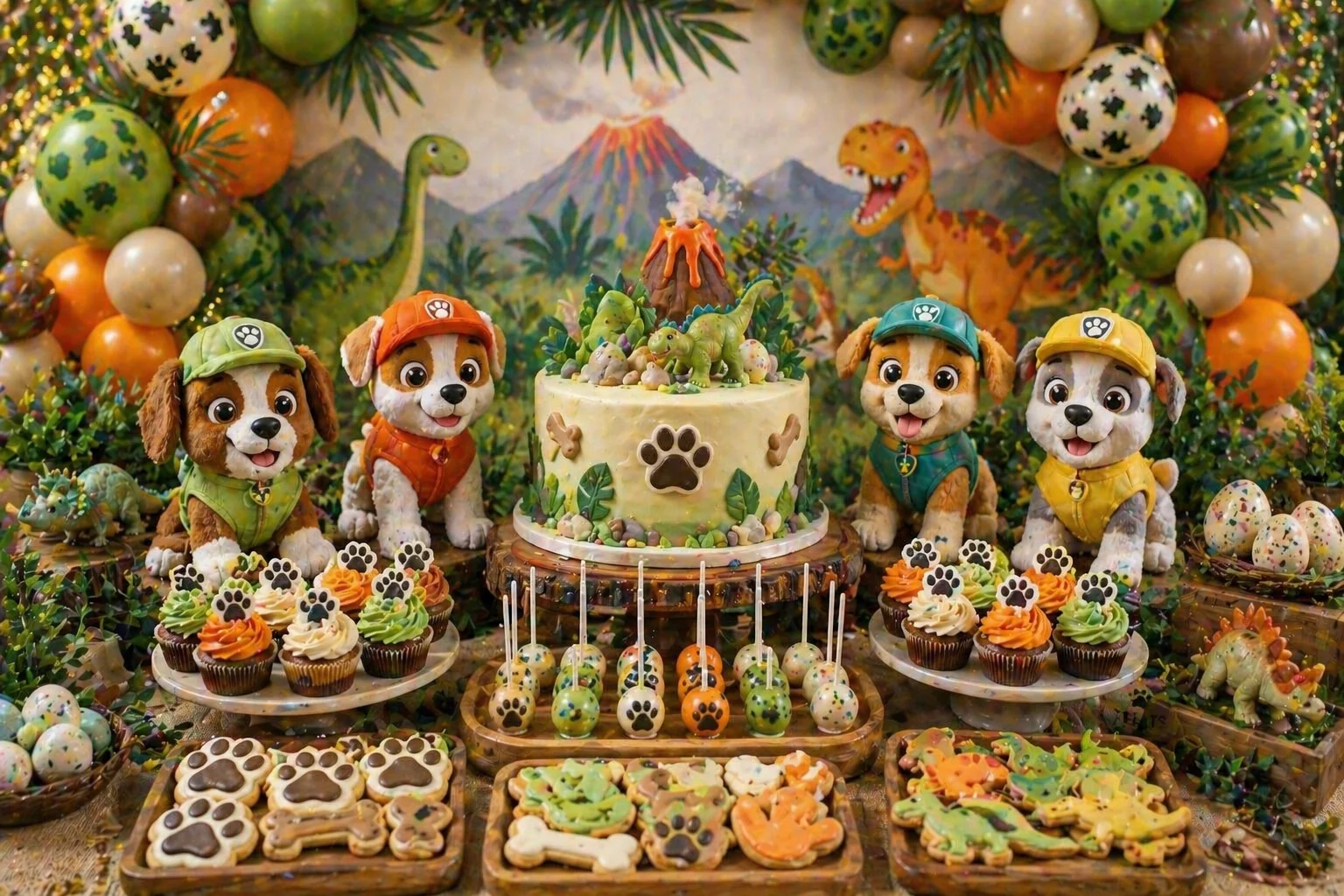 Puppy and dinosaur party cake display with friendly puppy figures, volcano cake, paw-print cupcakes, dinosaur egg cake pops, bone cookies and green, orange and beige jungle styling