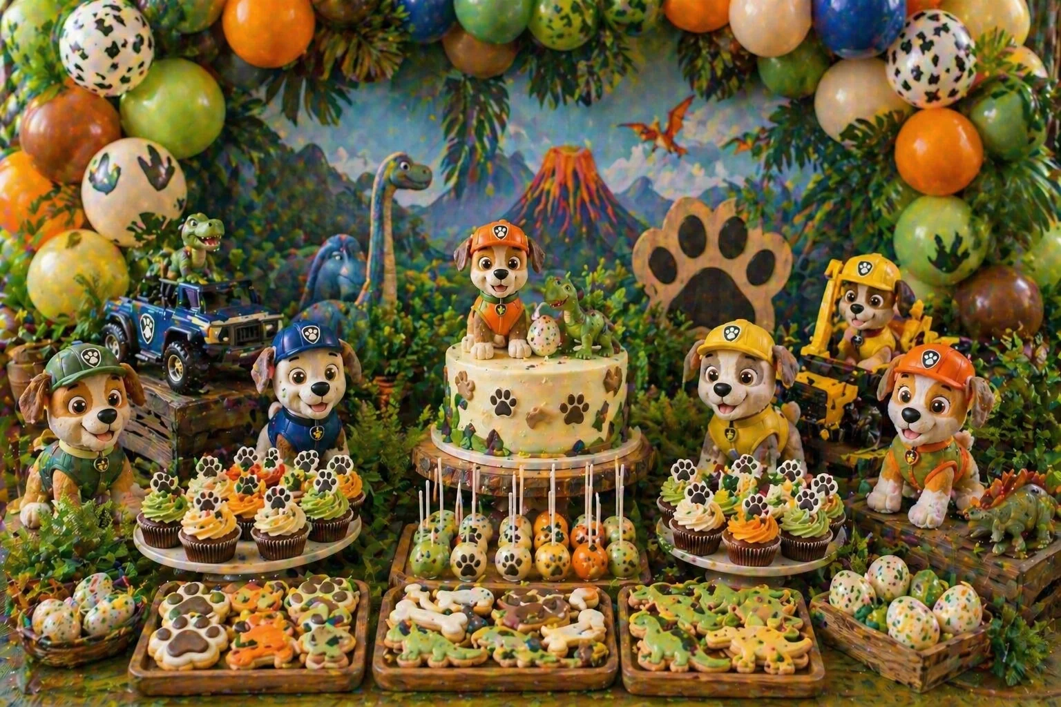 Puppy and dinosaur treat table with friendly puppy props, dinosaur egg cake pops, paw-print cookies, jungle cupcakes, toy dinosaurs and green, orange and beige balloon styling