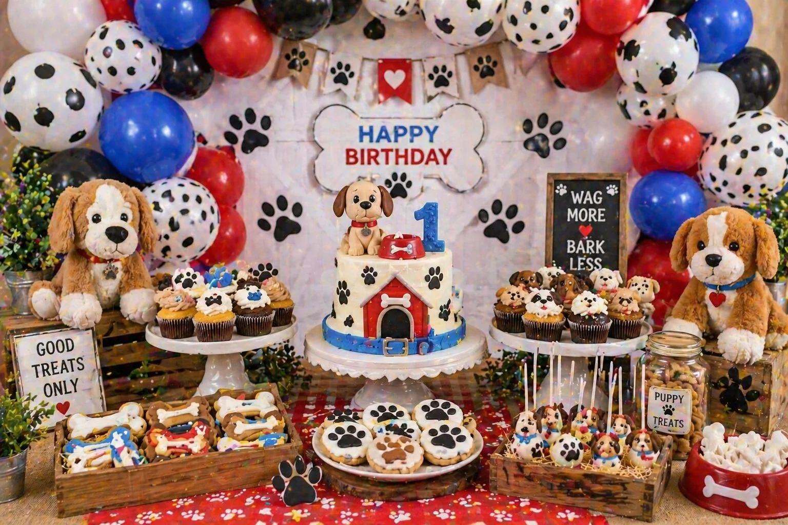 Puppy party dessert table with paw-print balloons, puppy birthday cake, dog bone cookies, paw-print cupcakes, treat jars and plush puppy decorations
