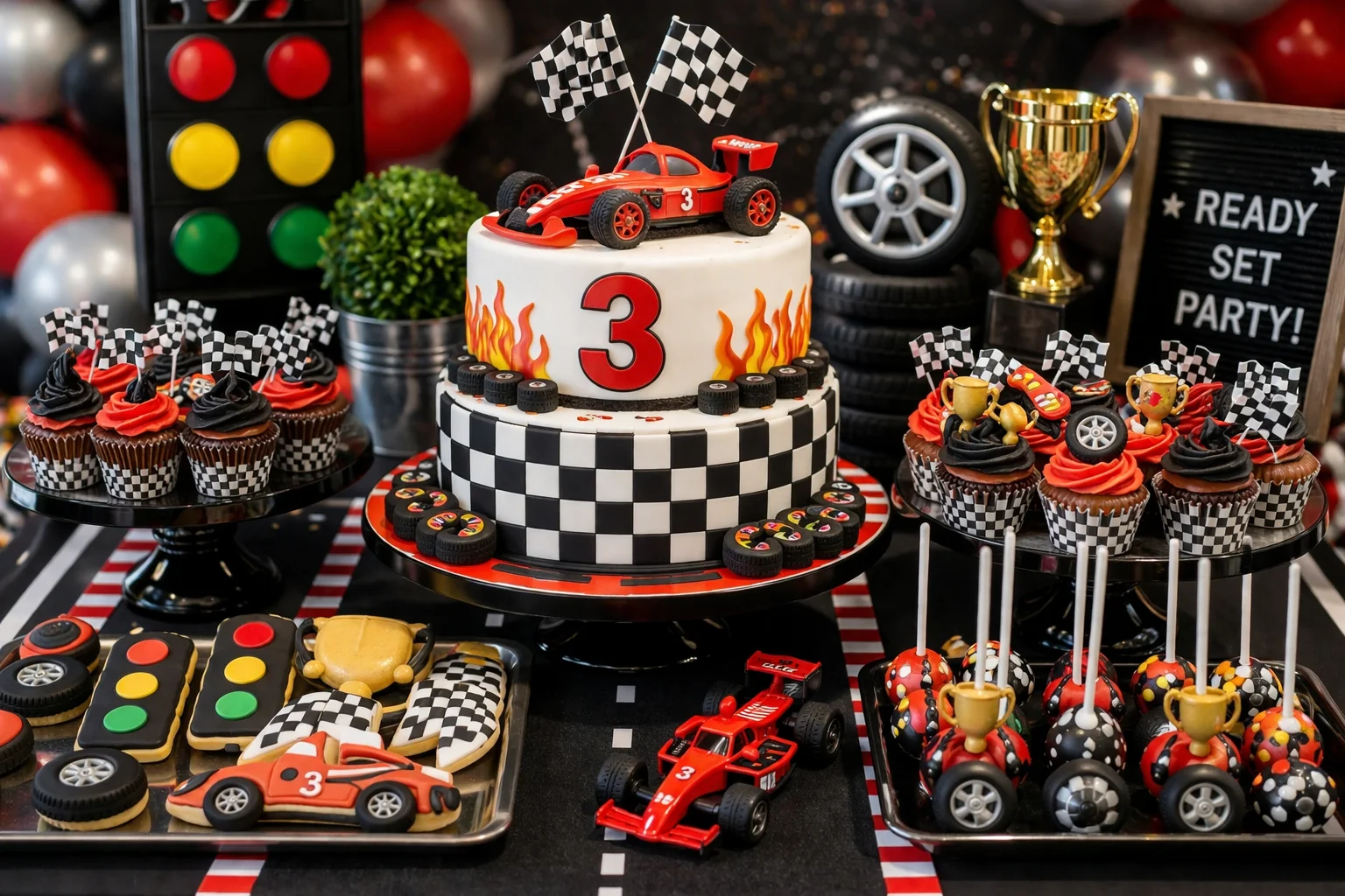 Close-up race car cake and cupcake display with red racing car cake, checkerboard cupcakes, traffic light cookies, tyre cookies, trophy cake pops and red, black, white and silver styling