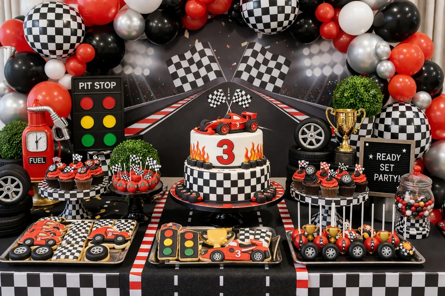 Race car party dessert table with red, black, white and silver balloon garland, checkerboard balloons, race car cake, car cupcakes, traffic light cookies, tyre cookies and trophy decorations