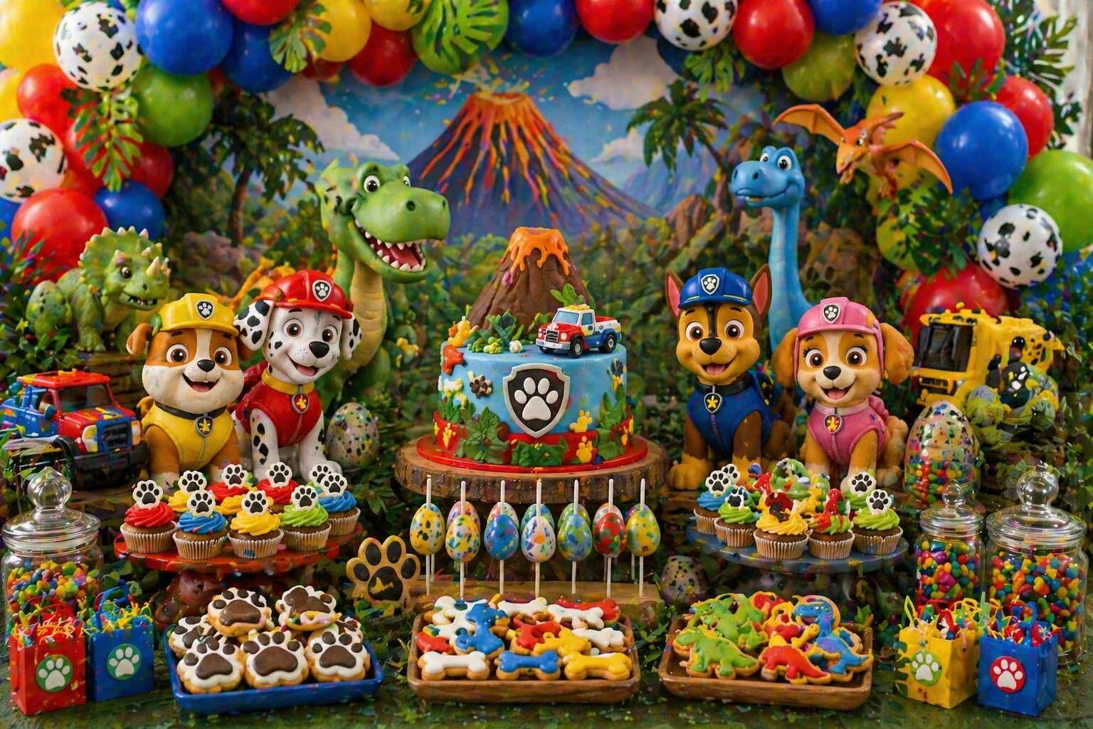 Rescue pup dinosaur party dessert table with green, orange and beige balloons, friendly puppy figures, toy dinosaurs, volcano cake, paw-print cupcakes and dinosaur egg treats