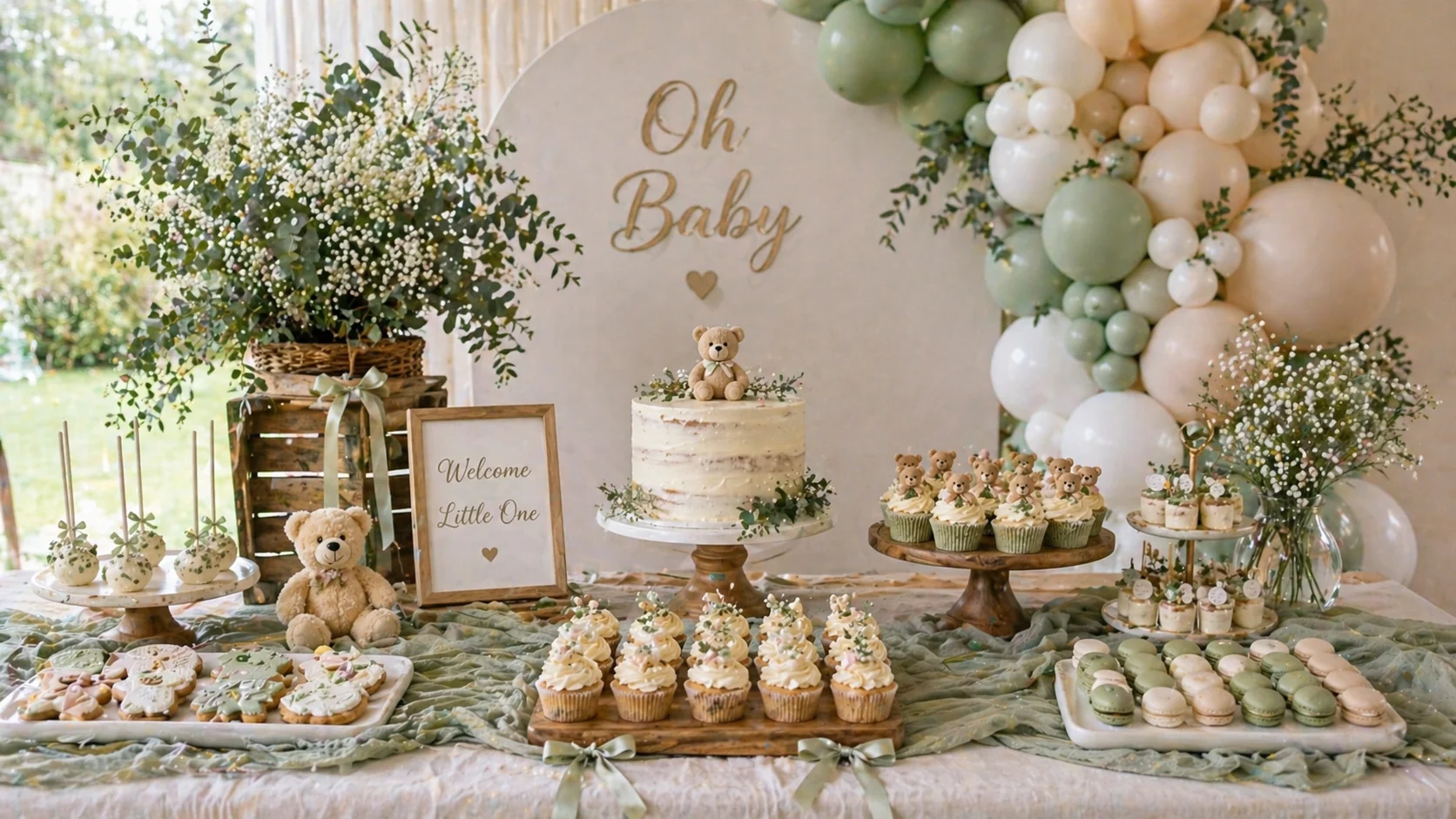 Sage green and ivory baby shower dessert table with teddy bear cake, cupcakes, balloon garland, greenery and rustic wooden styling
