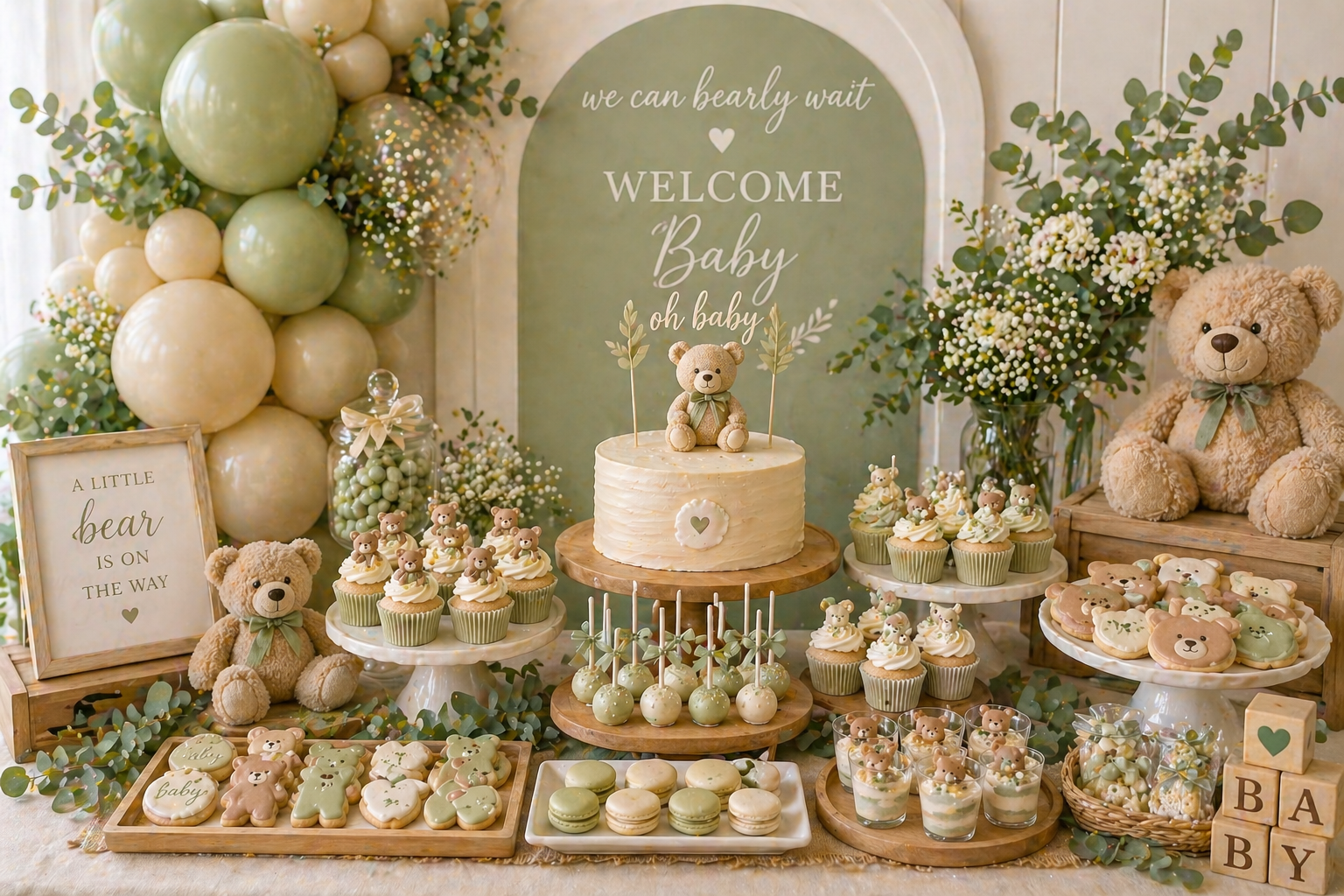 Sage green teddy bear baby shower dessert table with ivory and sage balloons, teddy bear cake, cupcakes, cookies, macarons, eucalyptus and wooden styling.