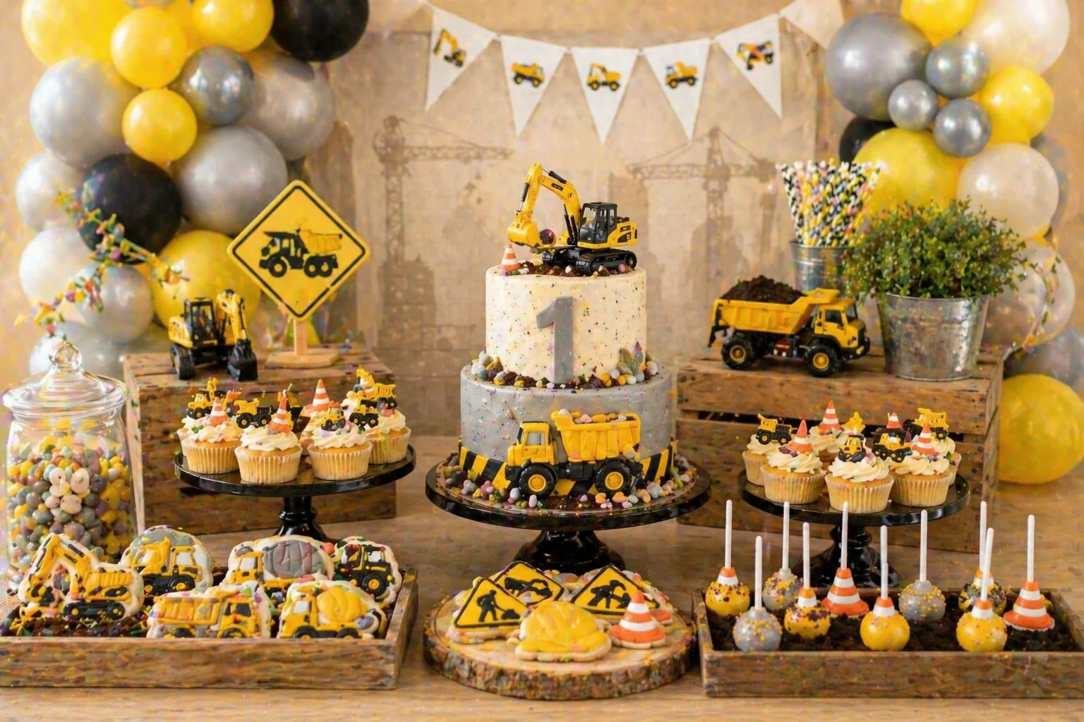 Soft first birthday construction dessert table with yellow, grey and beige balloons, digger cake, construction cupcakes, road sign cookies, traffic cone cake pops, wooden crates and rustic styling