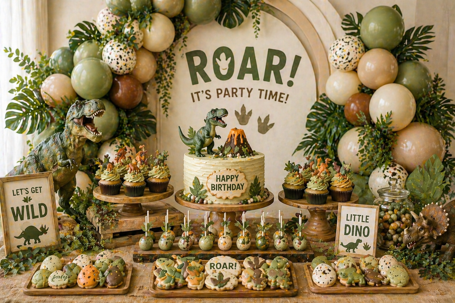 Soft neutral dinosaur party dessert table with sage, cream and beige balloons, dinosaur cake, cupcakes, cookies, cake pops, wooden stands and jungle greenery.