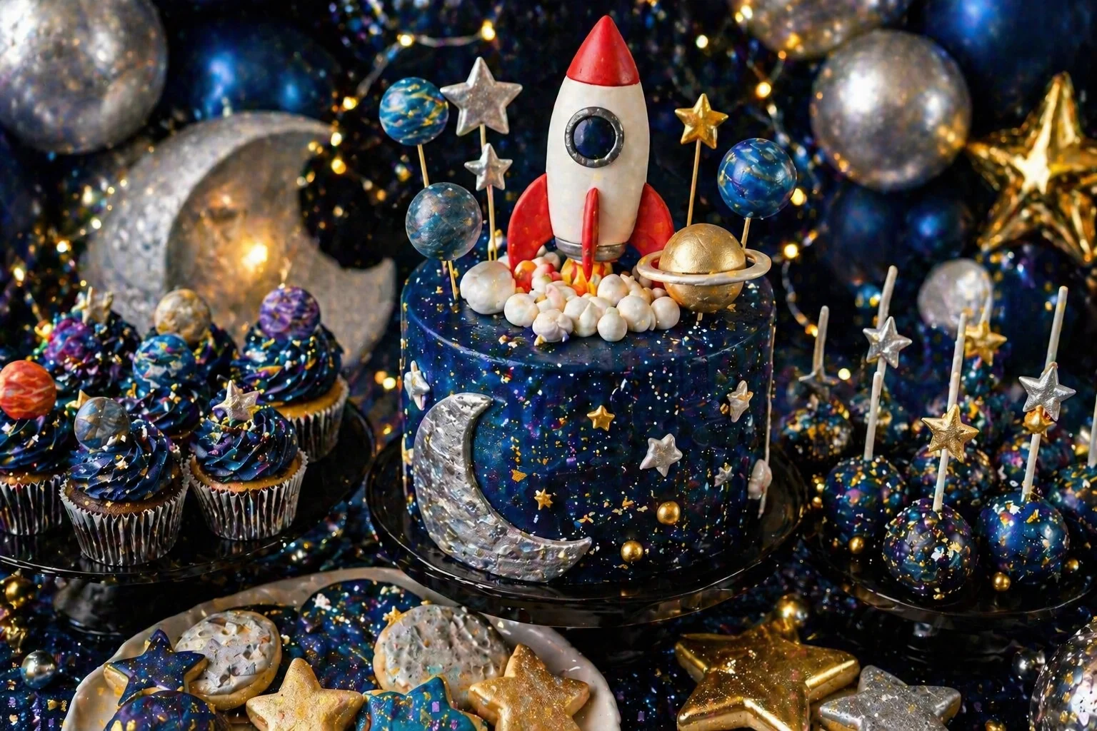Close-up space party cake and cupcake display with rocket birthday cake, planet cupcakes, moon cookies, galaxy cake pops and navy, silver and gold decorations