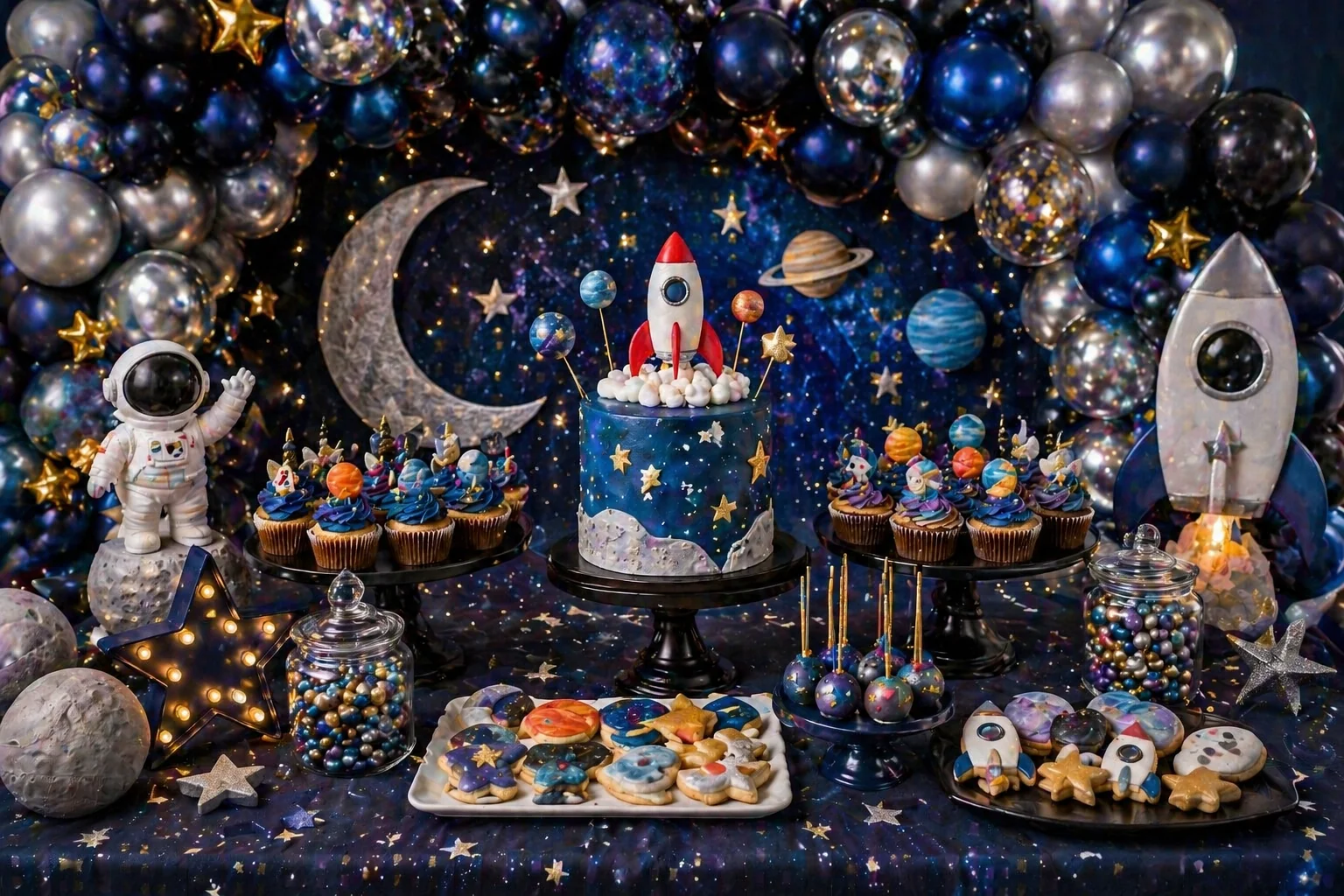 Space party dessert table with navy, black, silver and gold galaxy balloons, rocket birthday cake, planet cupcakes, moon cookies, star treats and metallic decorations