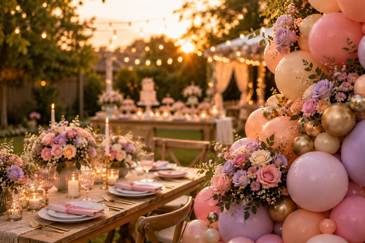 Outdoor summer garden party with styled dining table, candles, pink and lilac floral centrepieces, organic balloon garland in peach pink lilac and gold with florals, and dessert table with festoon lights at golden hour