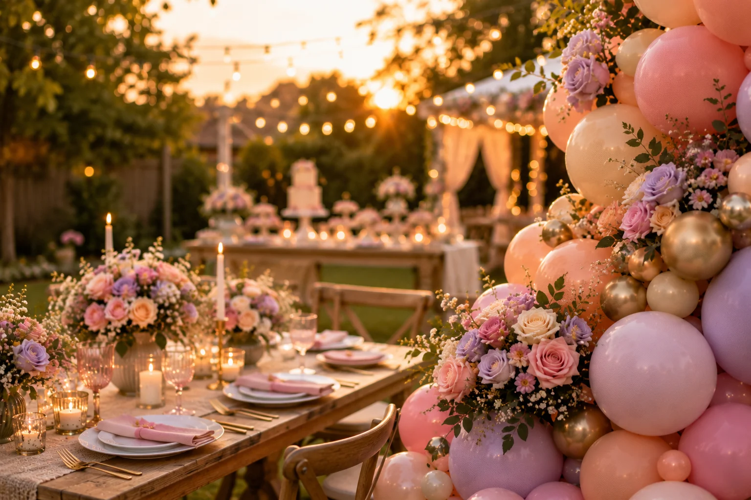 Outdoor summer garden party with styled dining table, candles, pink and lilac floral centrepieces, organic balloon garland in peach pink lilac and gold with florals, and dessert table with festoon lights at golden hour
