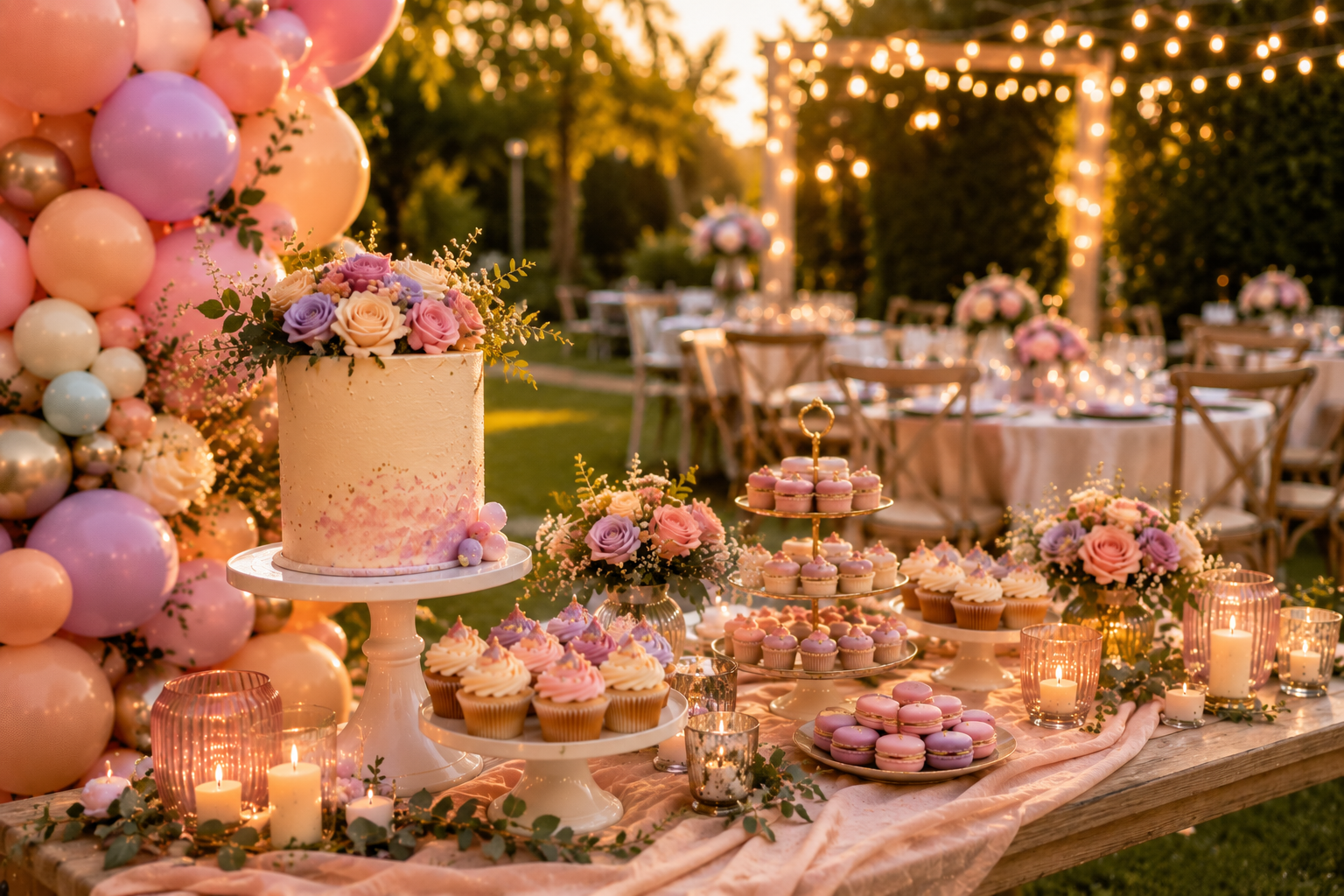 Outdoor summer party dessert table with tall celebration cake topped with pink and lilac roses, pink and lilac cupcakes on tiered stands, lavender macarons, fresh florals, peach and pink organic balloon garland, votive candles and festoon lights at sunset