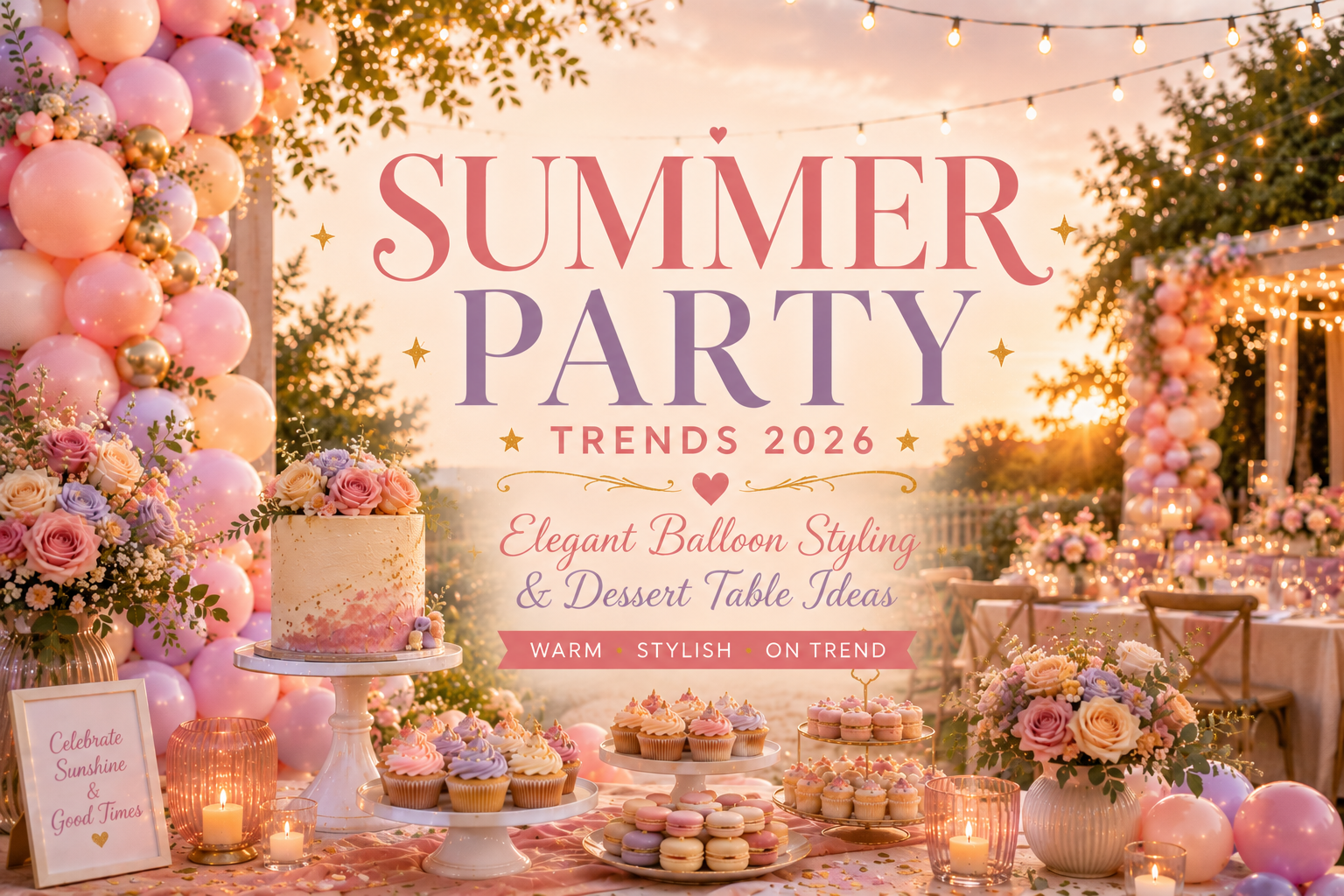 Outdoor summer party dessert table with peach and pink organic balloon garland, celebration cake, tiered cupcakes, macarons, florals and festoon lighting at golden hour