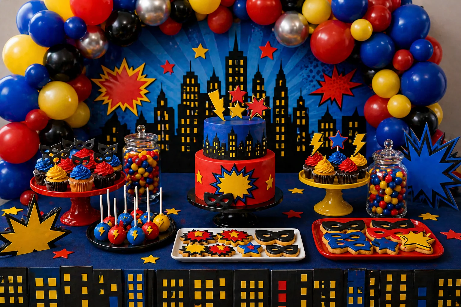 Superhero birthday dessert table with red, blue, yellow and black balloon garland, city skyline backdrop, superhero cake, cupcakes, cookies, masks and lightning bolt decorations