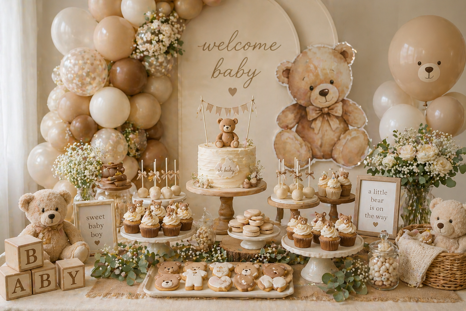 Teddy bear baby shower dessert table with neutral beige balloons, teddy bear cake, cupcakes, cookies, wooden blocks, soft florals and rustic styling.