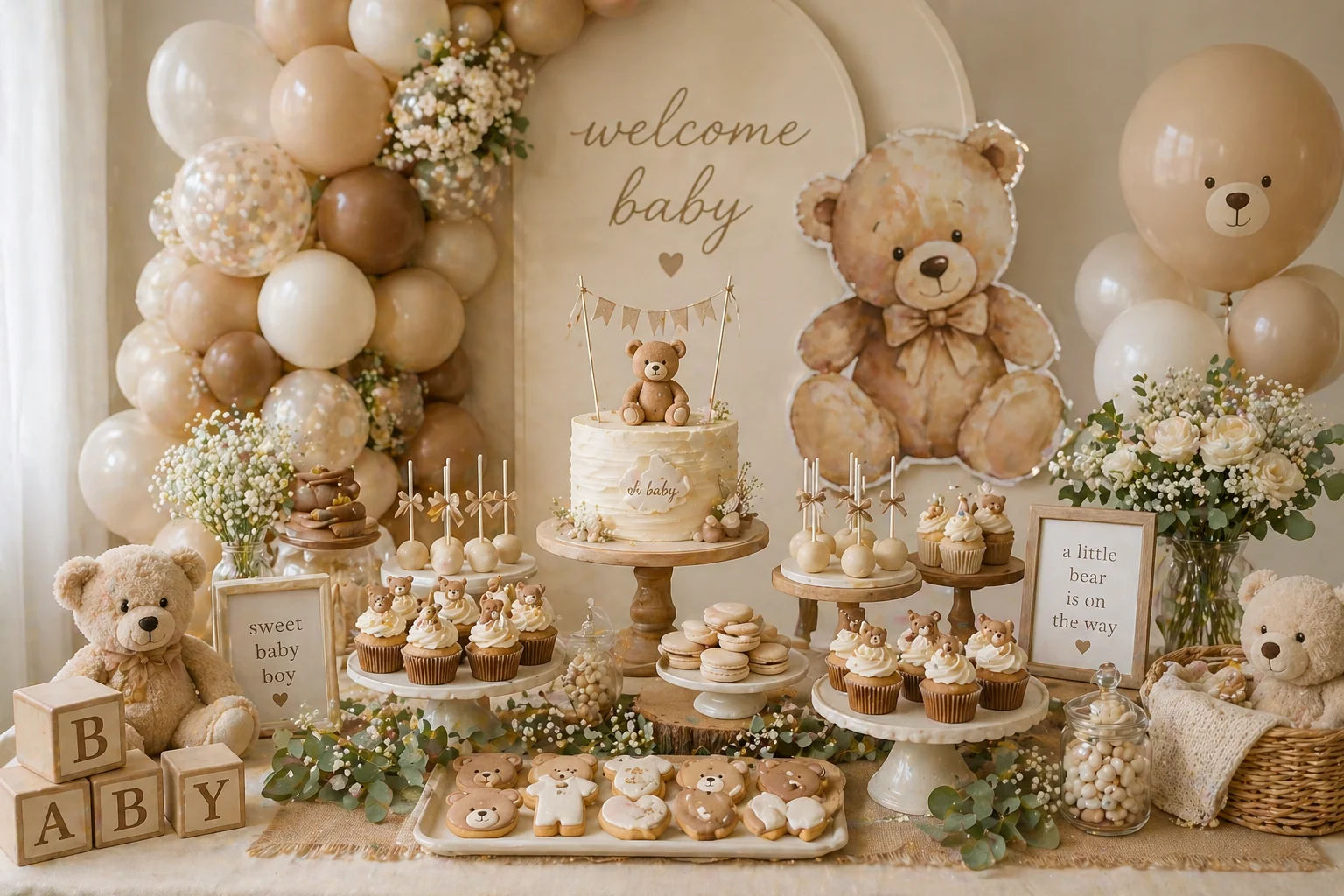 Teddy bear baby shower dessert table with neutral beige balloons, teddy bear cake, cupcakes, cookies, wooden blocks, soft florals and rustic styling