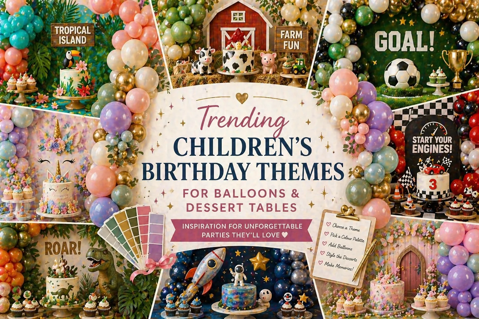 Collage of children's birthday party themes featuring pastel balloon garlands, dinosaur, unicorn, space and farm dessert table styling from Little Moment Studio, Kent