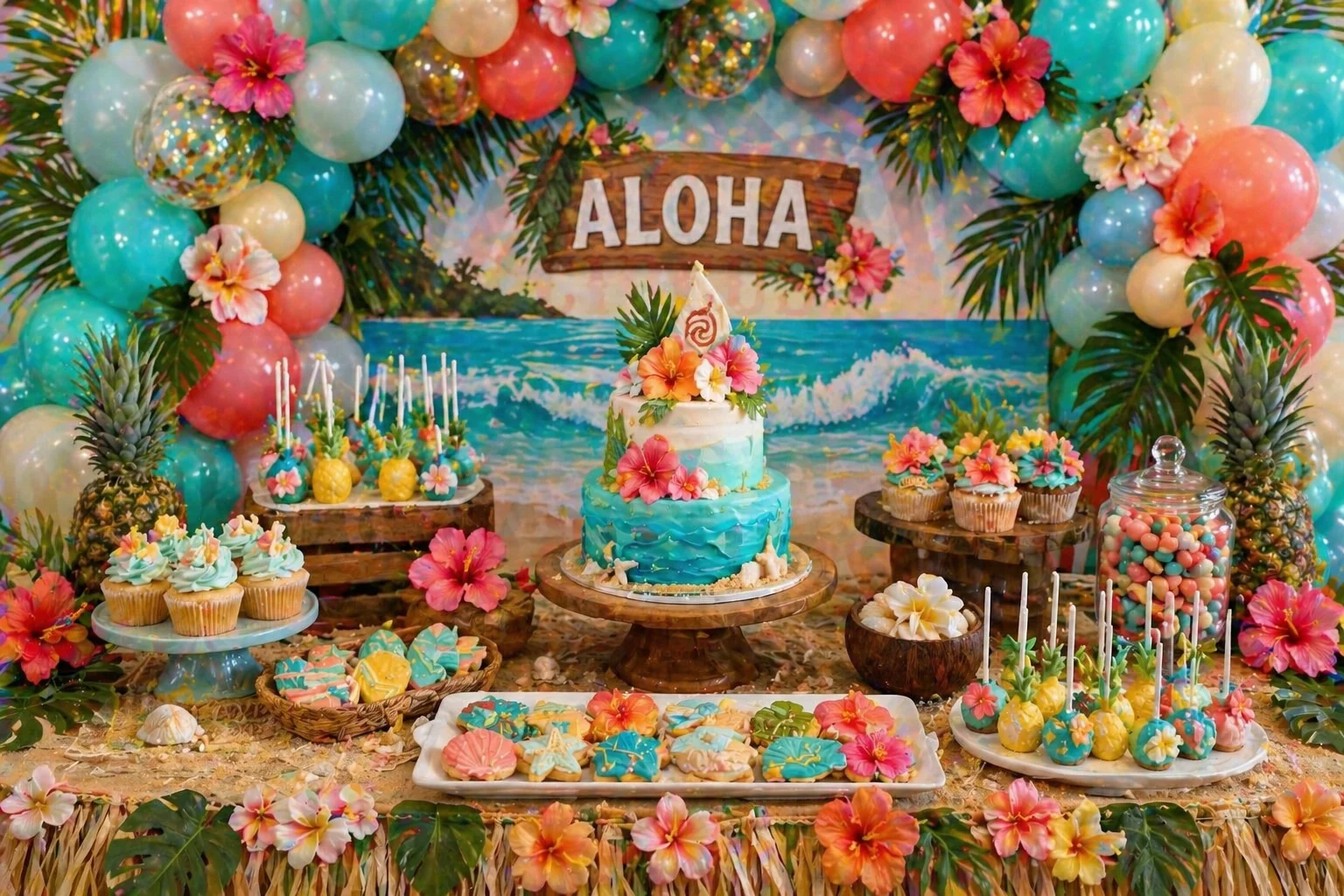 Tropical island party dessert table with aqua and coral balloon garland, ocean-style cake, wave cupcakes, shell cookies, pineapple cake pops, hibiscus flowers and palm leaf decorations