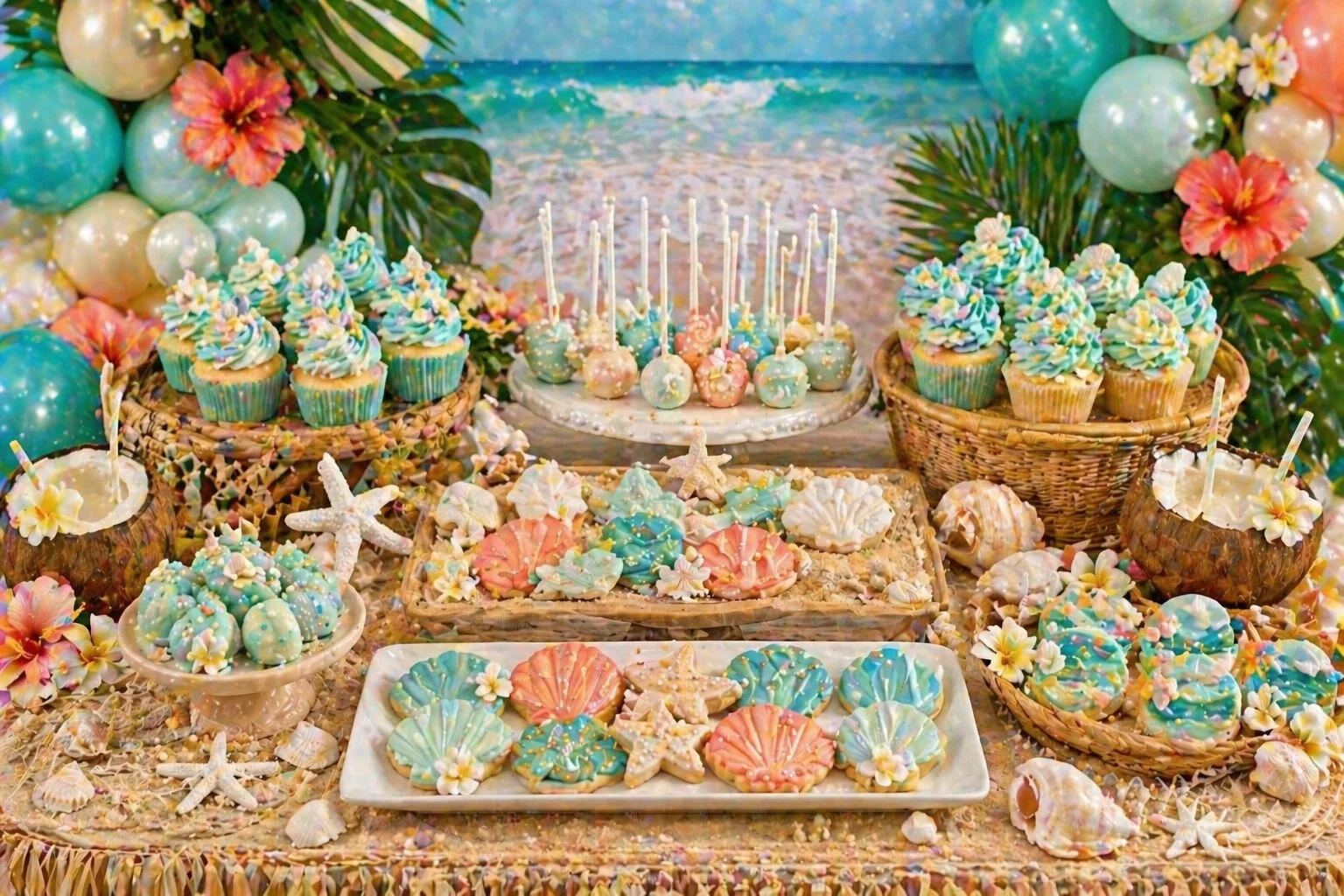 Beach and shell dessert table with aqua and seafoam balloons, shell cookies, starfish treats, pearl cake pops, wave cupcakes, coconut cups and sandy beach-style styling