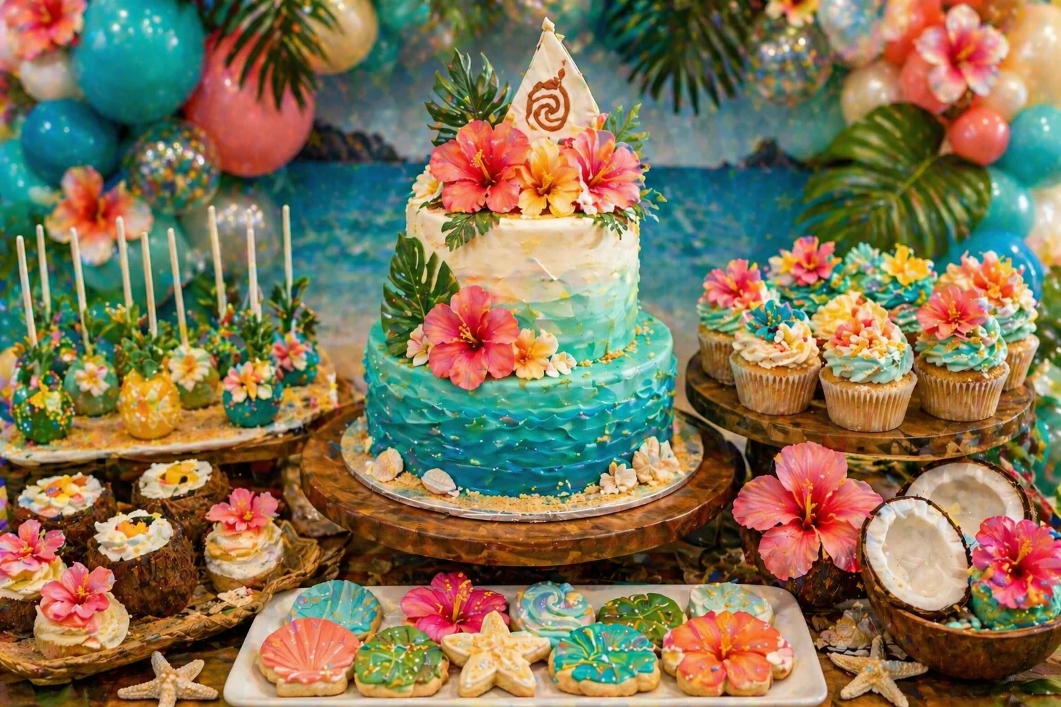 Close-up tropical island cake and cupcake display with ocean wave cake, hibiscus flowers, shell cookies, pineapple cake pops, coconut treats and aqua coral party styling