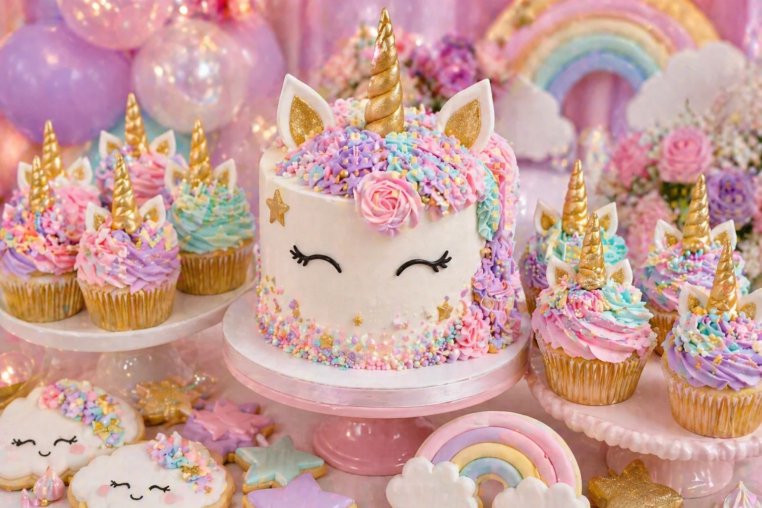 Close-up unicorn cake and cupcake display with pastel buttercream, gold horns, unicorn ears, pearl sprinkles, rainbow cookies and soft floral details