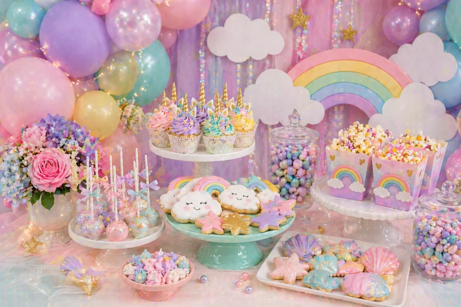 Pastel unicorn cloud and rainbow dessert table with balloon garland, cloud cookies, rainbow treats, unicorn cupcakes, cake pops, pearl sweets and soft sky-inspired styling