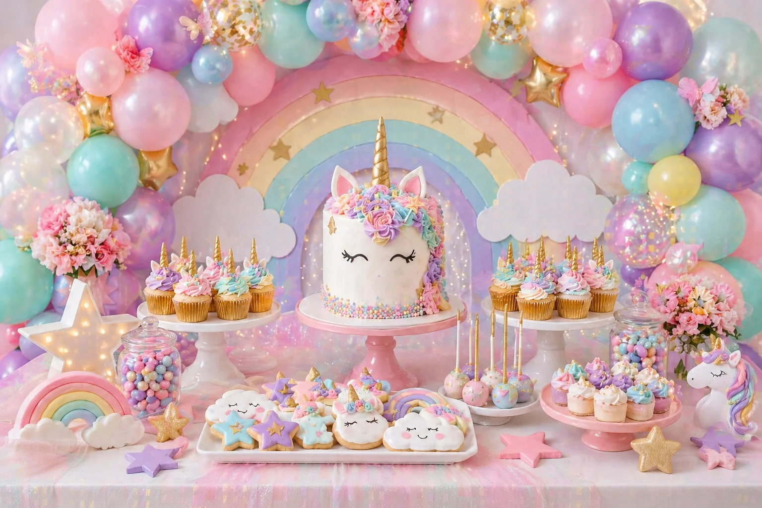 Unicorn party dessert table with pastel rainbow balloon garland, unicorn cake, cupcakes, cloud cookies, rainbow cake pops, soft florals and pearl decorations