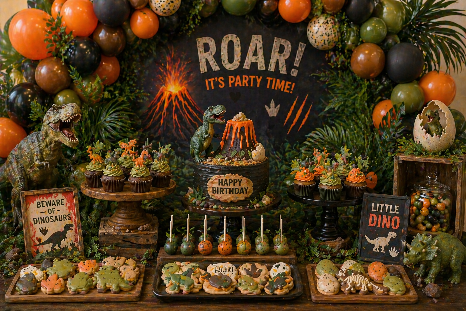 Volcano dinosaur party dessert table with orange, black, brown and green balloons, volcano cake, dinosaur cupcakes, cookies, cake pops and jungle props.
