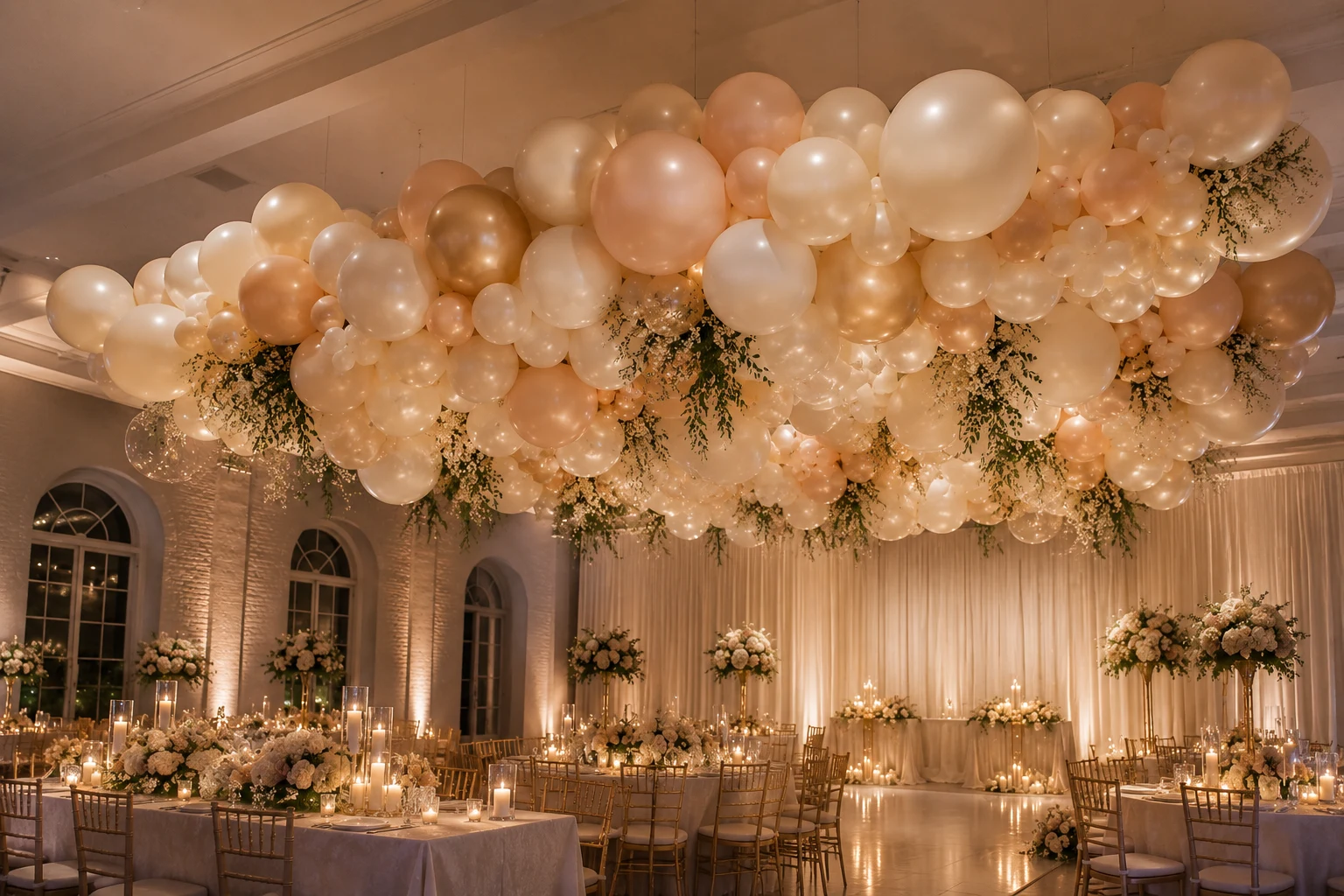 Balloon ceiling cloud installation above a wedding dance floor with white, cream and gold balloons — wedding styling inspiration from Little Moment Studio, Kent