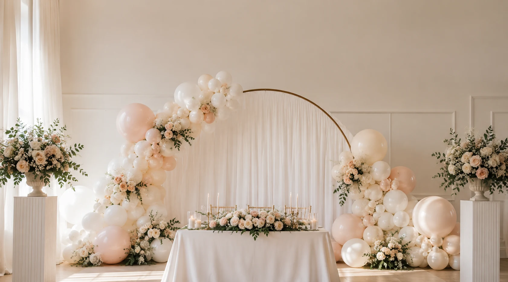 Elegant wedding balloon styling with a soft organic garland in white, cream and sage green framing a sweetheart table — Little Moment Studio, Kent