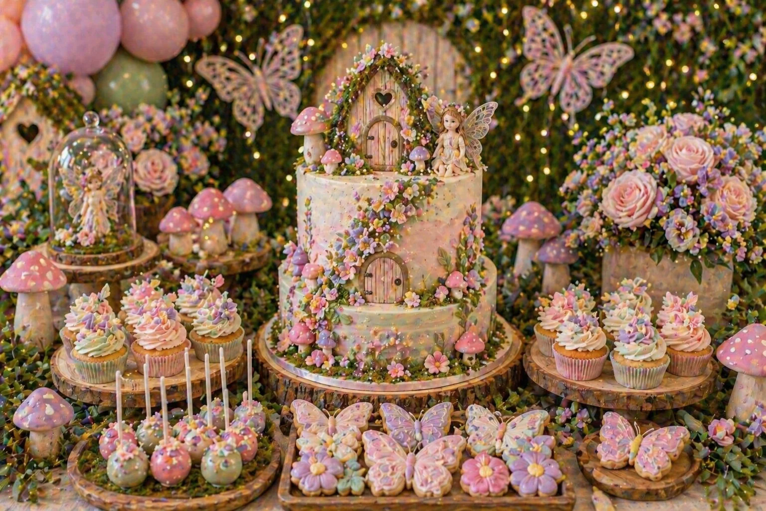 Close-up woodland fairy cake and cupcake display with fairy doors, toadstool decorations, flower cupcakes, butterfly cookies, pastel cake pops and mossy garden styling