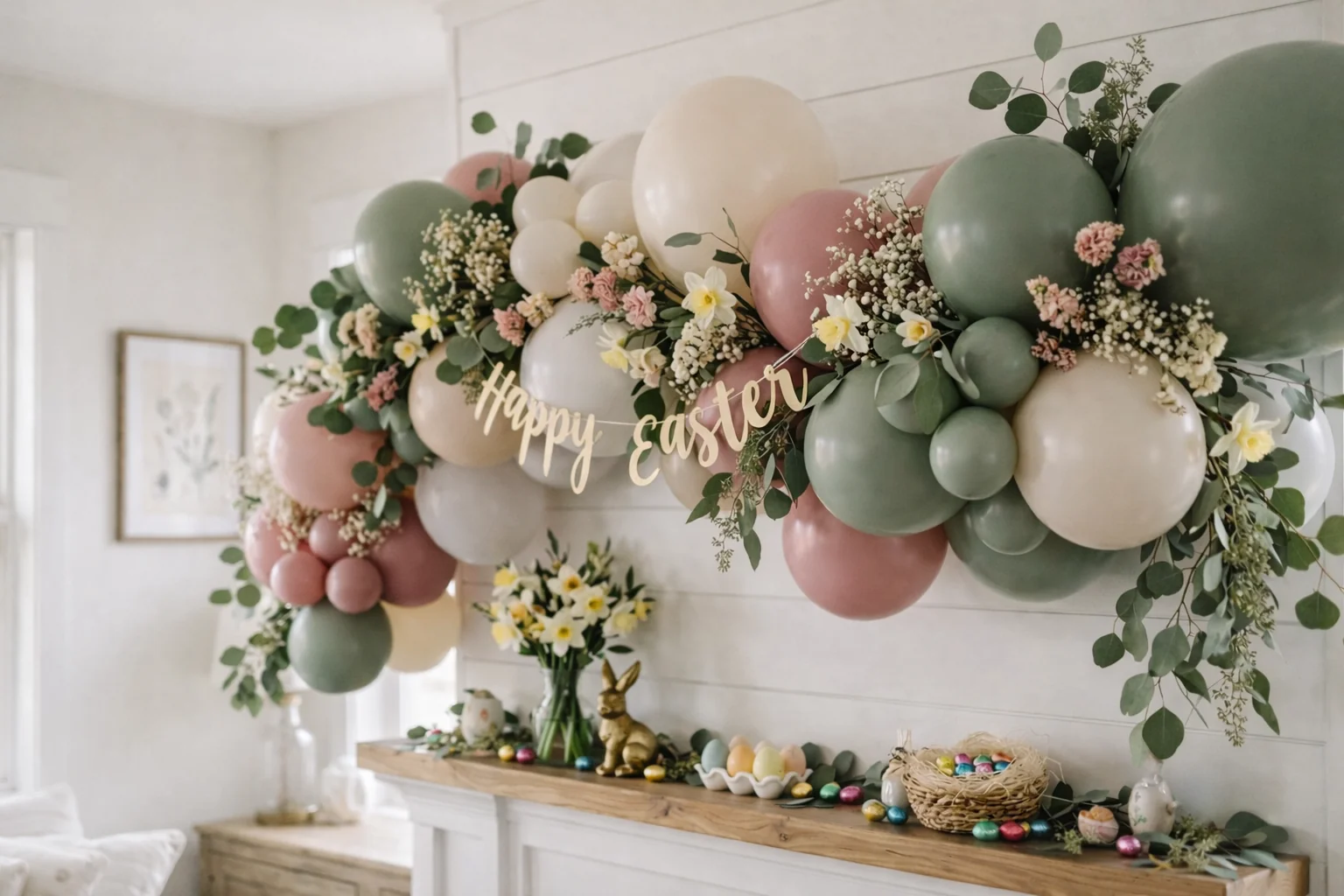 Easter balloon garland in sage green and dusty rose styled by Little Moment Studio Kent