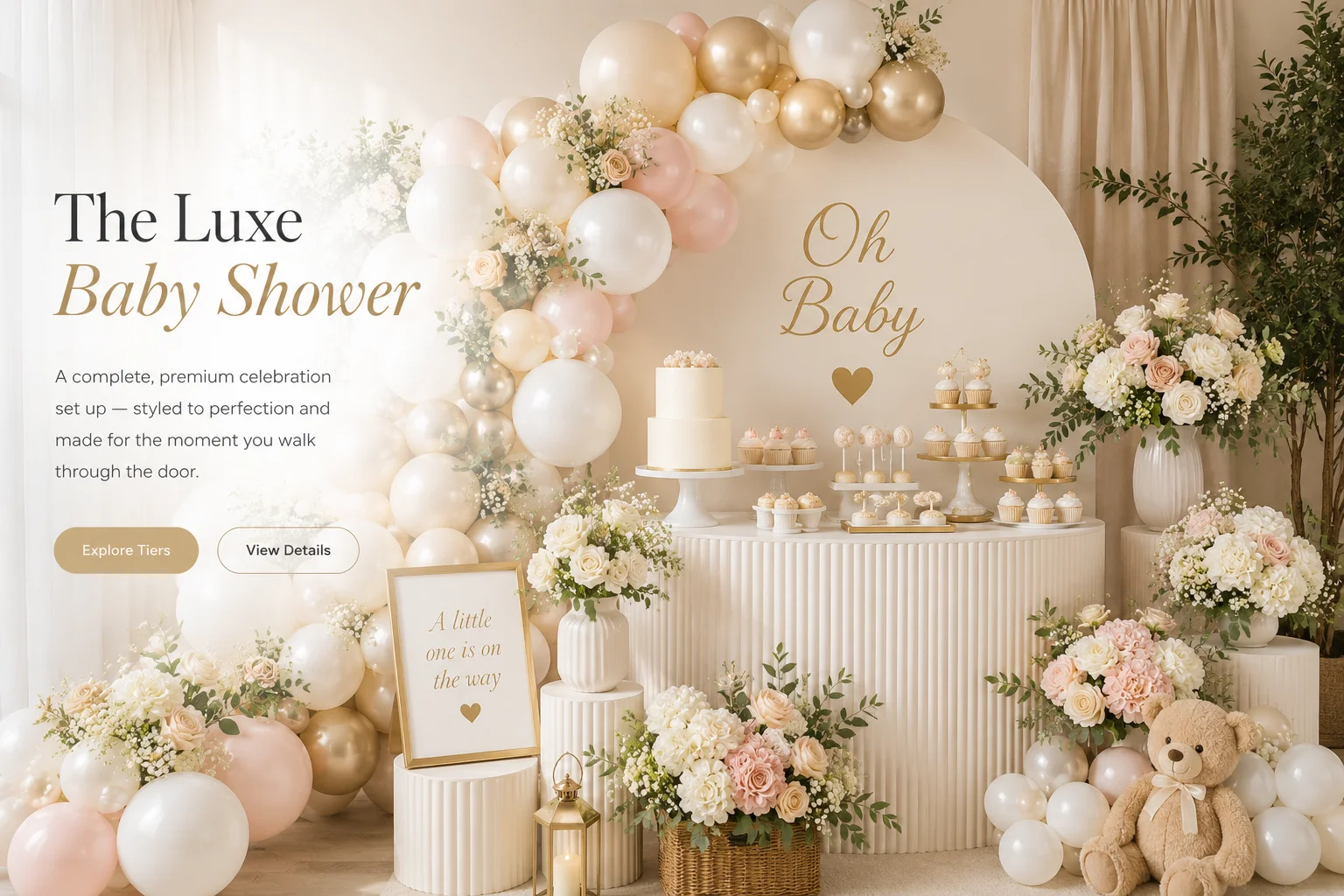 Complete styled baby shower setup by Little Moment Studio — backdrop, balloon garland, plinths and dessert table in soft neutral tones, Kent