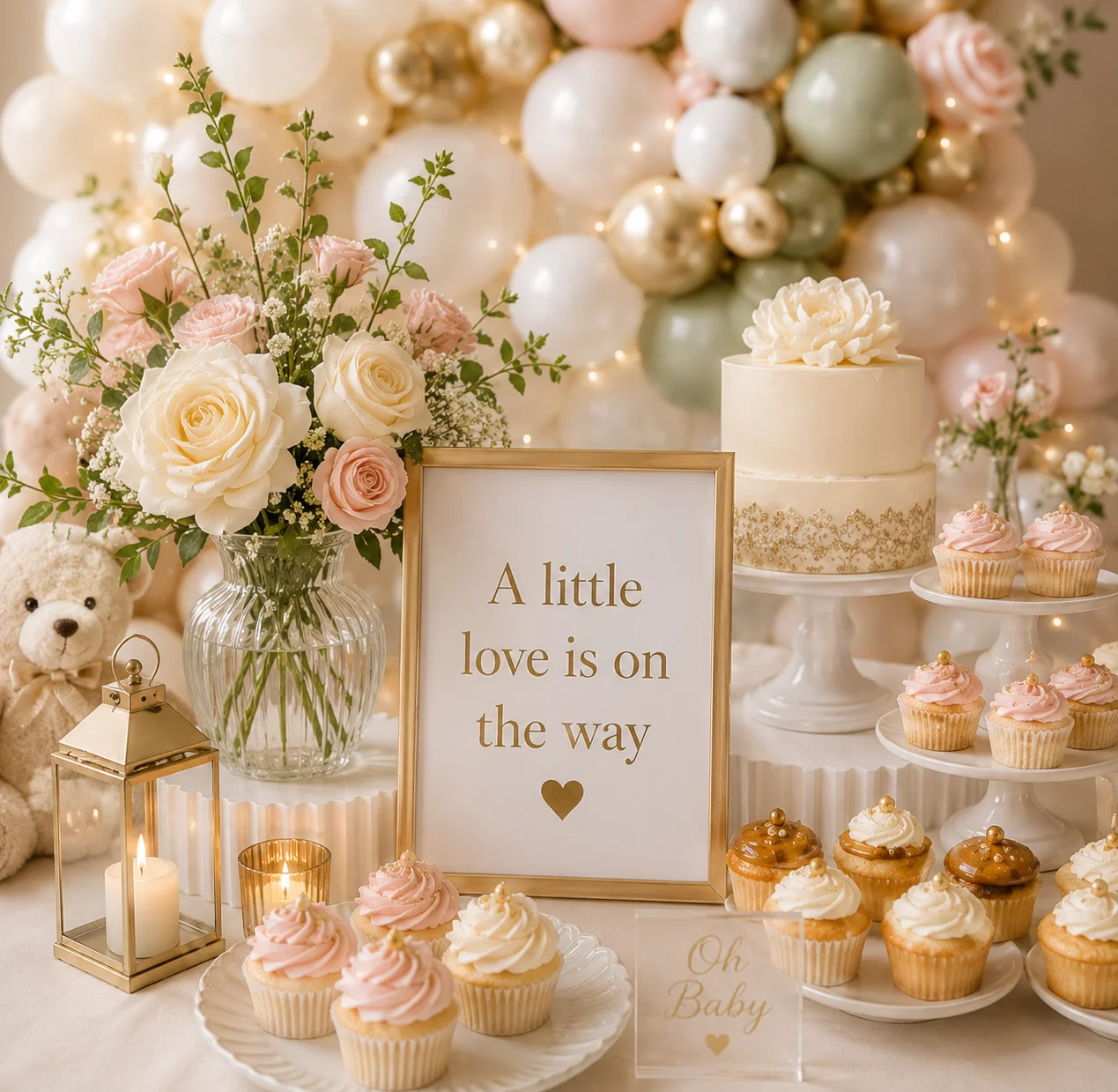 The Luxe Baby Shower styling detail — props, florals and dessert table by Little Moment Studio