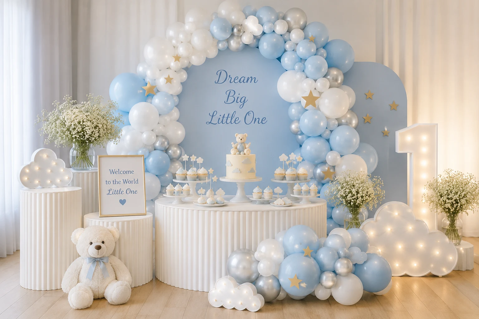The Sky Celebration signature setup by Little Moment Studio — cloud-inspired balloon display and dessert table