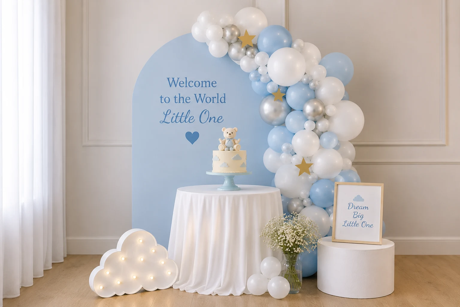 The Sky Celebration Mini — intimate cloud-inspired baby shower setup by Little Moment Studio