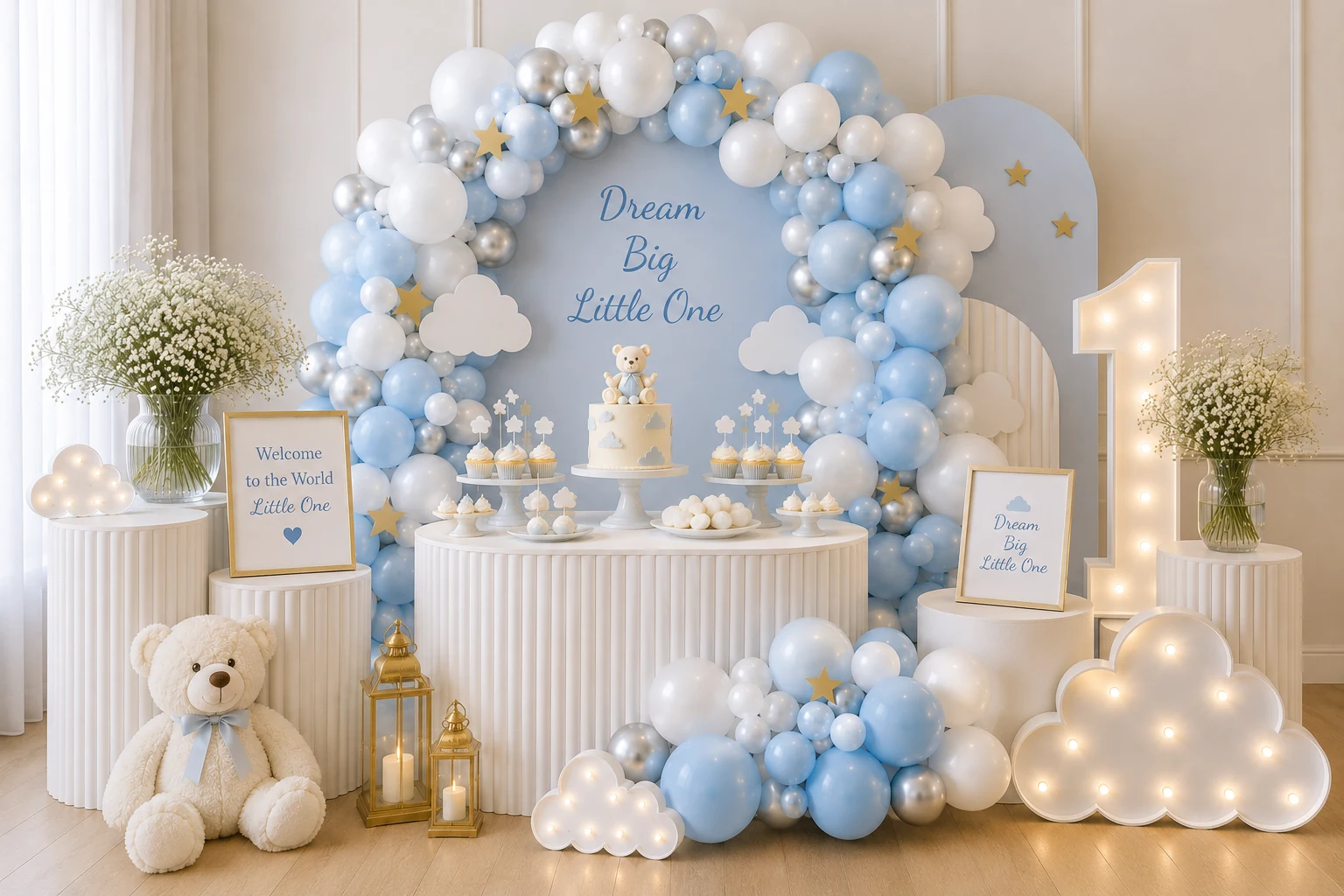 Soft blue baby shower styling — sky blue, white and pearl balloon setup by Little Moment Studio, Kent