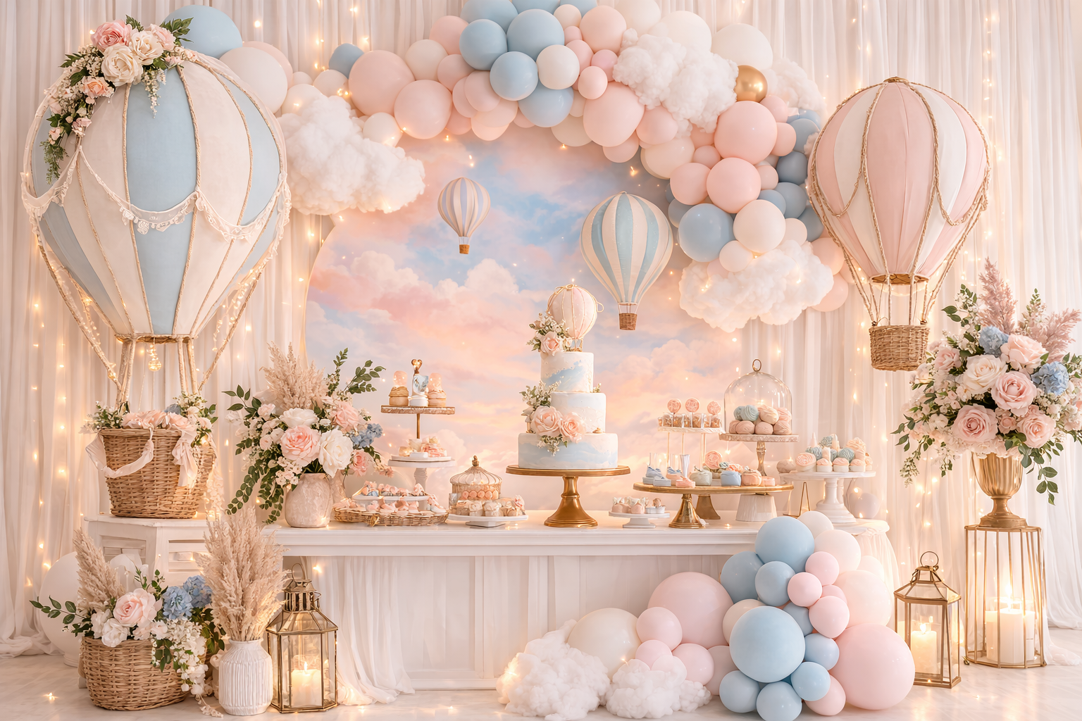 Sky celebration balloon setup with hot air balloon props and dessert table styling by Little Moment Studio Kent