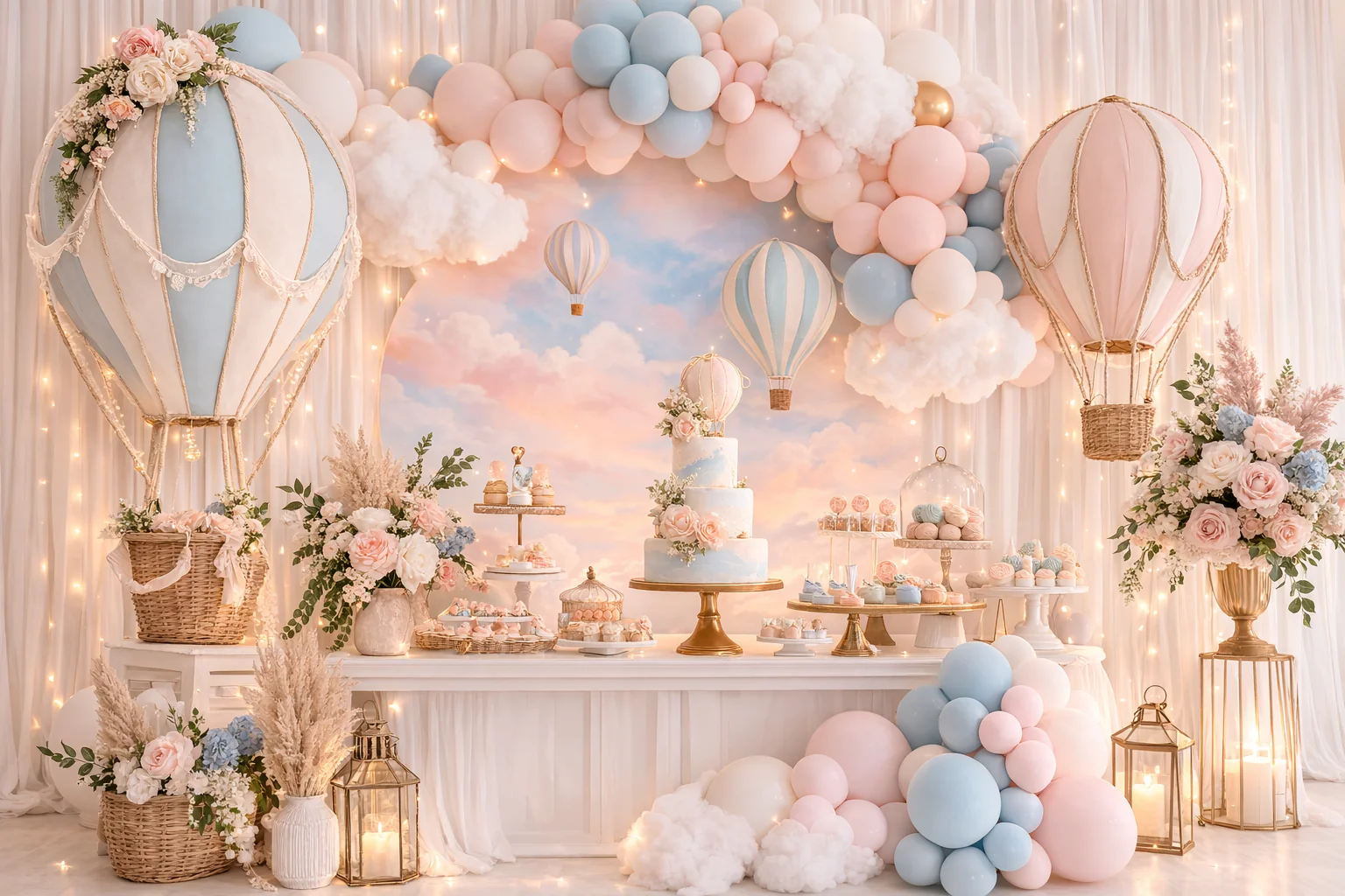 Sky celebration baby shower balloon setup with hot air balloon props and dessert table styling by Little Moment Studio Kent